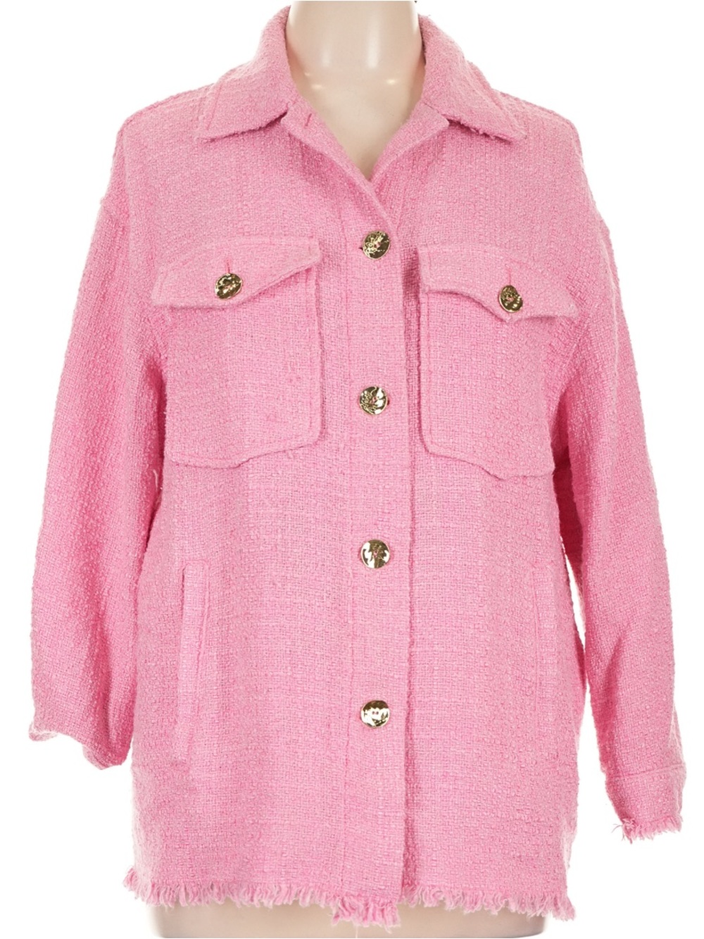Zara Pink Textured Tweed Shacket / Overshirt Jacket with Gold Buttons